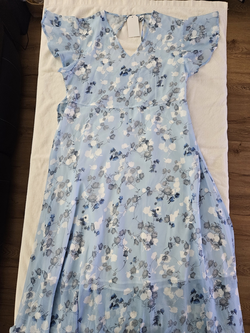 Women's Floral Flutter Sleeve Maxi Dress Blue White XL NWT
